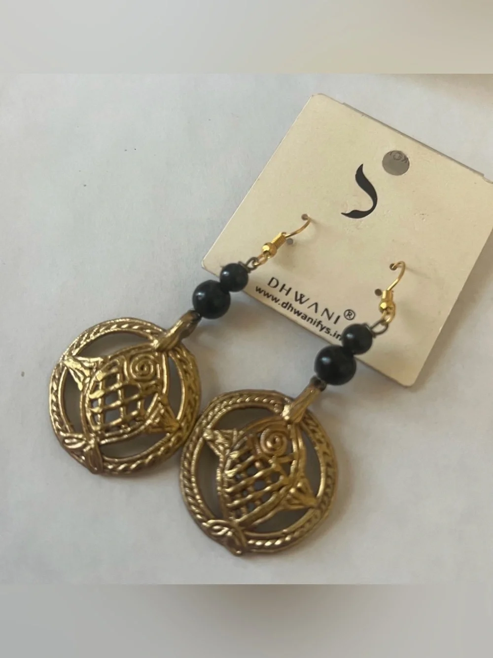 Vintage Gold Owl Drop Earrings with Black Bead Accents